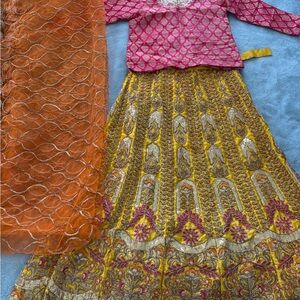 Elegant pink and yellow lehengha and chunni with matching dupatta